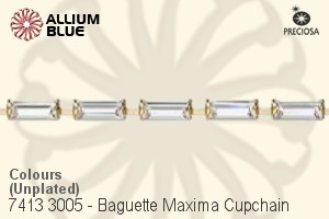 Preciosa Baguette Maxima Cupchain (7413 3005), Unplated Raw Brass, With Stones in 7x3mm - Colours