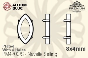 PREMIUM Navette 石座, (PM4200/S), 縫い穴付き, 8x4mm, メッキあり 真鍮