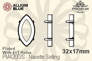 PREMIUM Navette 石座, (PM4200/S), 縫い穴付き, 32x17mm, メッキあり 真鍮